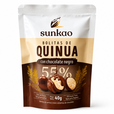 Embalagem de bolitas de quinua com chocolate negro 55%