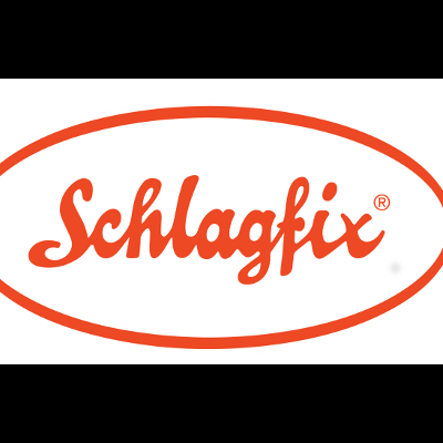 Logótipo oval da marca Schlagfix com texto em vermelho