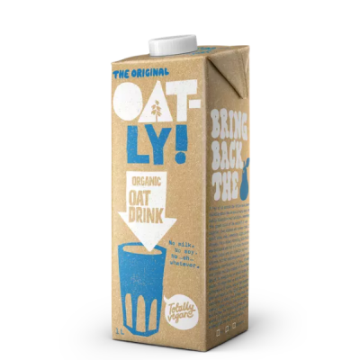 Pacote de bebida Oat-Ly! Organic Oat Drink 1L com texto azul e branco