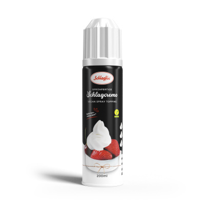 Spray chantilly vegano Schlagfix com imagem de chantilly e morangos