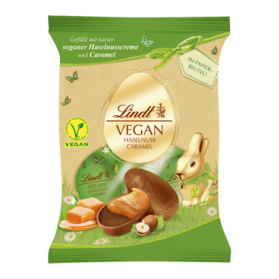 Pacote de chocolates vegan Lindt com avelã e caramelo e coelho dourado