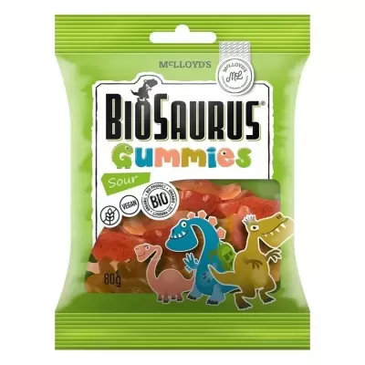 Pacote de gomas BiO Saurus Gummies com dinossauros coloridos e texto informativo