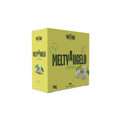 Embalagem amarela de produto MELTYANGELO da marca YOGAN com imagem de bolas brancas e folhas verdes.