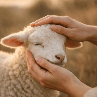Ovelha branca a ser acarinhada por mãos humanas