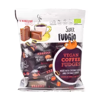 Pacote de doces veganos Super Fudgio sabor café com embalagem transparente e etiquetas