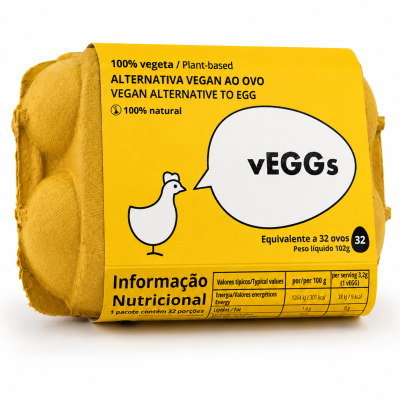 Embalagem amarela para alternativa vegan ao ovo, vEGGs, com texto e informação nutricional