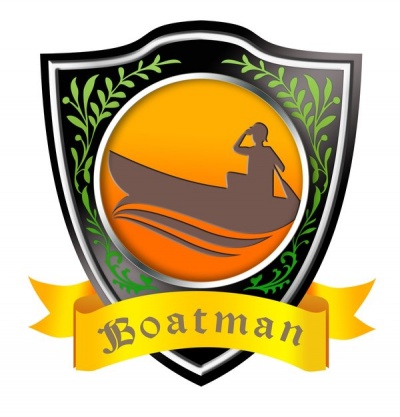 Logótipo de escudo preto com homem a remar num barco e texto 'Boatman'