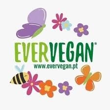 Logótipo colorido com o texto EVERVEGAN e flores e insetos desenhados