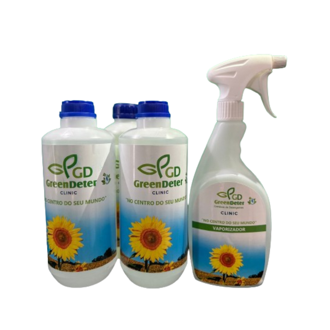 Conjunto de garrafas GreenDeter Clinic com rótulo de girassol e fundo azul, incluindo vaporizador branco