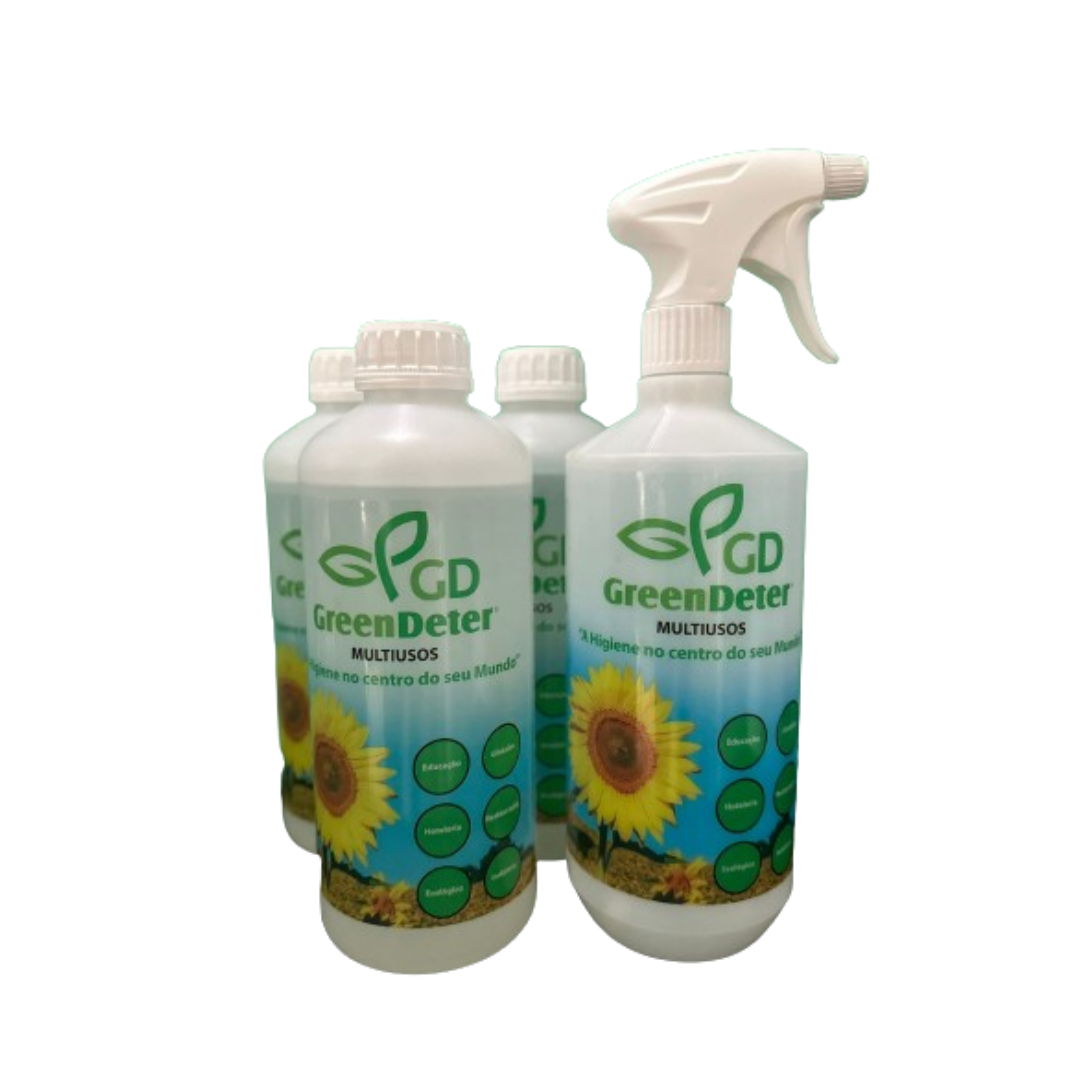 Frascos de limpeza GreenDeter multiusos com imagem de girassol e rótulo verde e amarelo