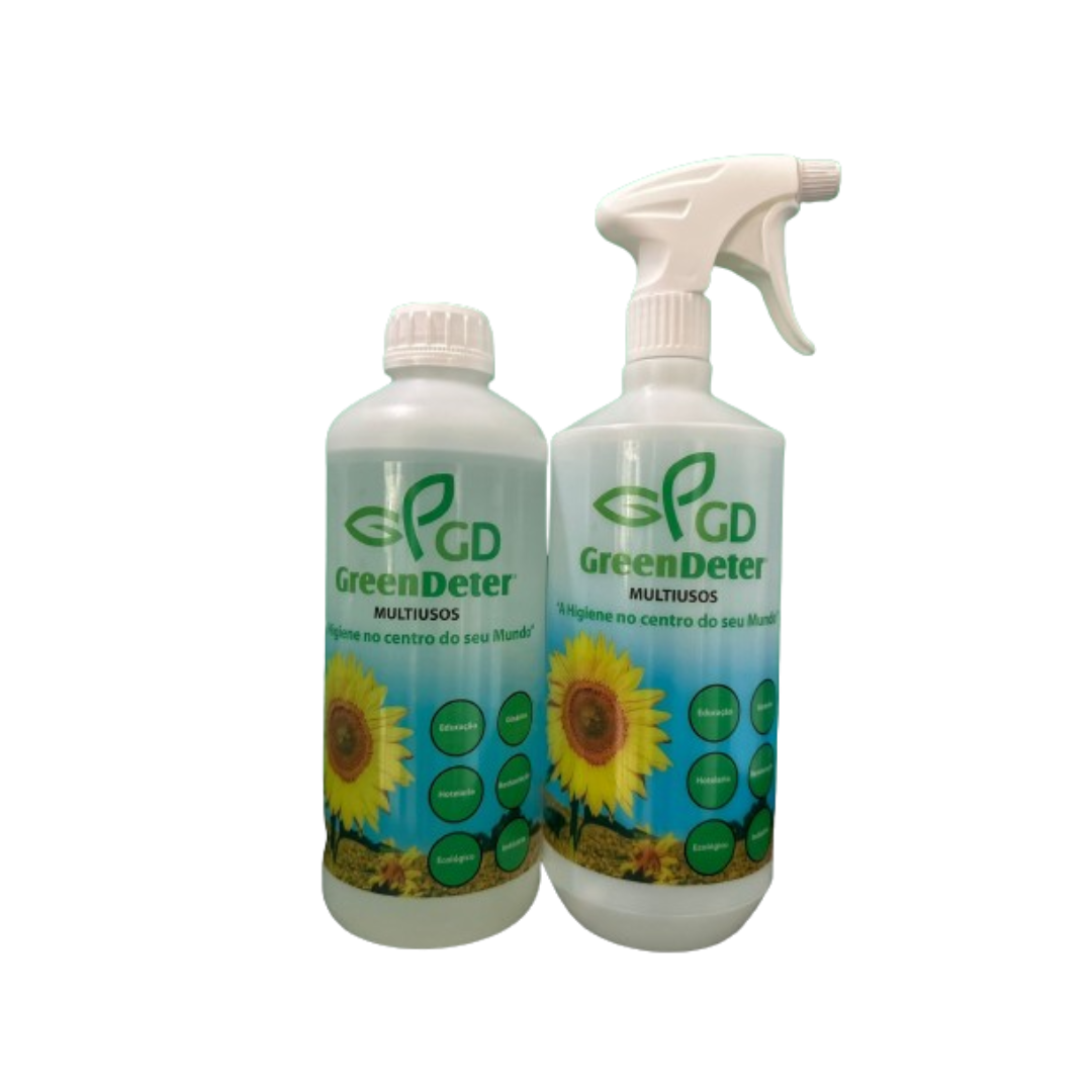 Dois frascos de detergente multiusos GreenDeter com rótulo de girassol, um com tampa de rosca e outro com pulverizador.