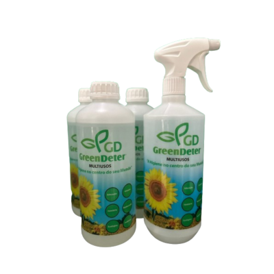Frascos de limpeza GreenDeter multiusos com imagem de girassol e rótulo verde e amarelo