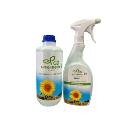 Dois frascos plásticos translúcidos com etiquetas de girassol da GreenDeter Clinic