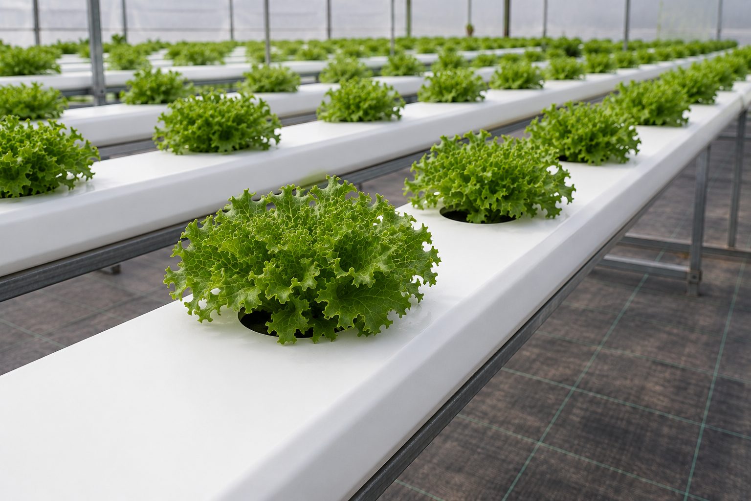 Perfil Hidropónico 80mm — 2 Metros | 16 Plantas Lechugas verdes en bandejas hidropónicas blancas dentro de un invernadero
