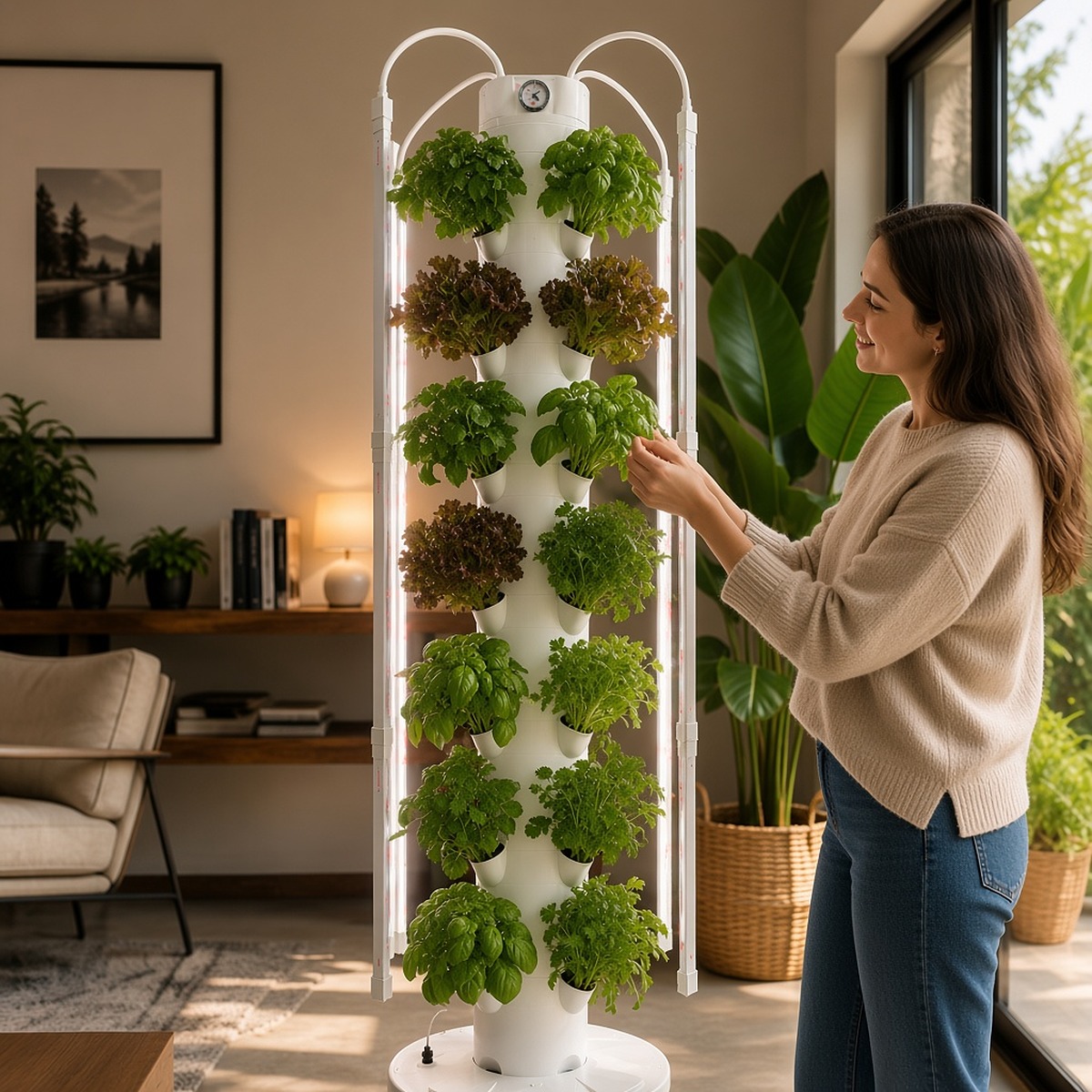 Huerto hidropónico vertical GroHo de 40 plantas con luz LED en casa
