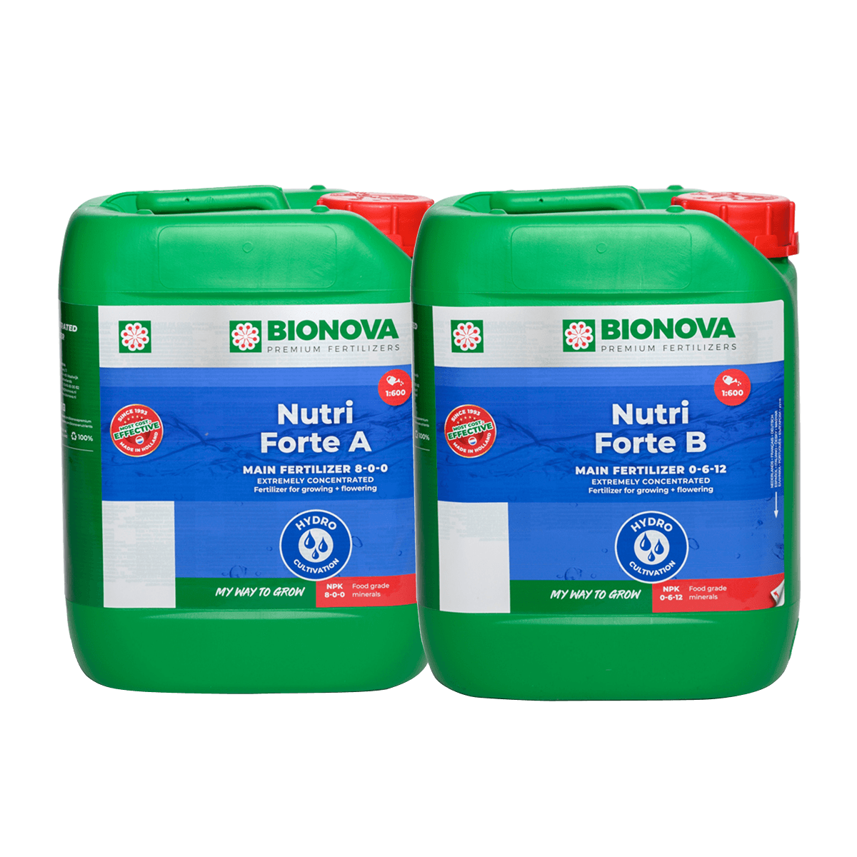 Nutri Forte A + B Hydro - 10 Litros Duas embalagens verdes de fertilizantes Nutri Forte A e B da marca BIONOVA