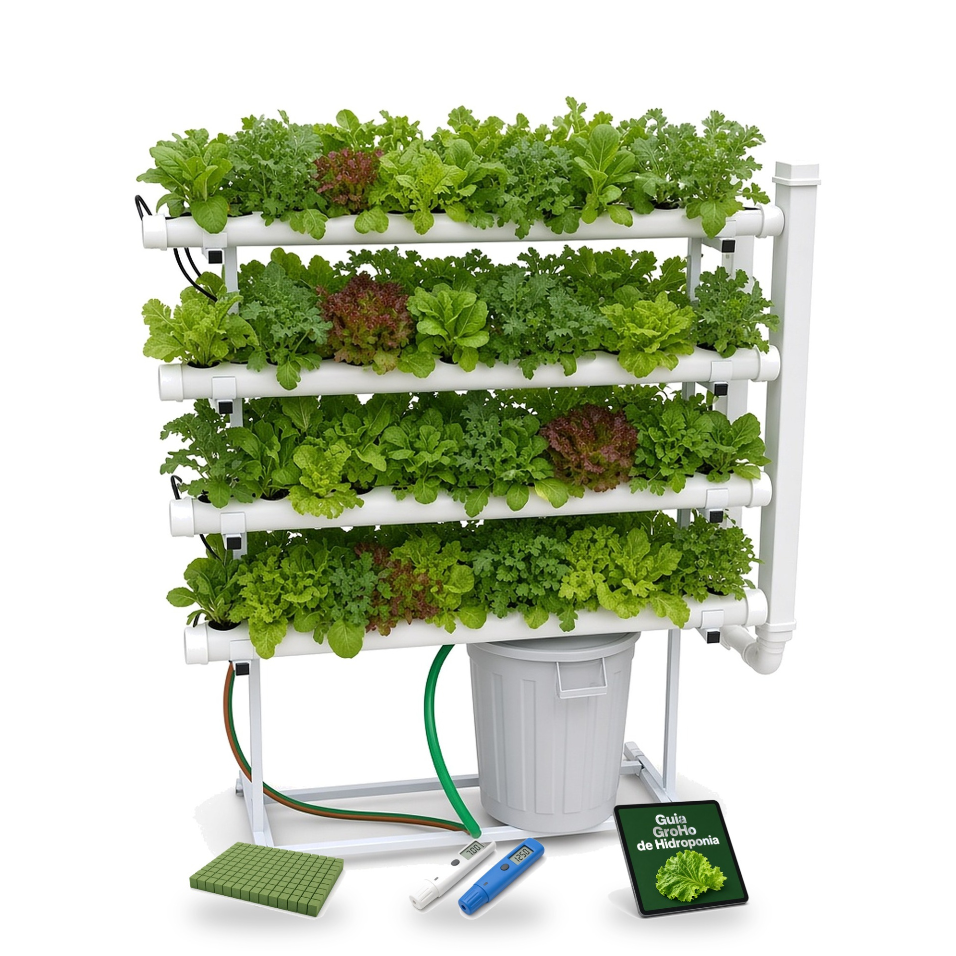 Pack Hydro 70 Vertical Móvil – Kit Hidroponía Vertical 70 Plantas Sistema hidropónico de varios niveles con plantas verdes y herramientas relacionadas