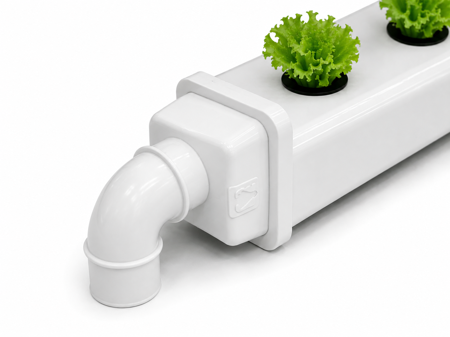 Codo de Conexión Rápida para Perfil de Semillero 49mm Sistema de cultivo hidropónico branco com duas plantas verdes
