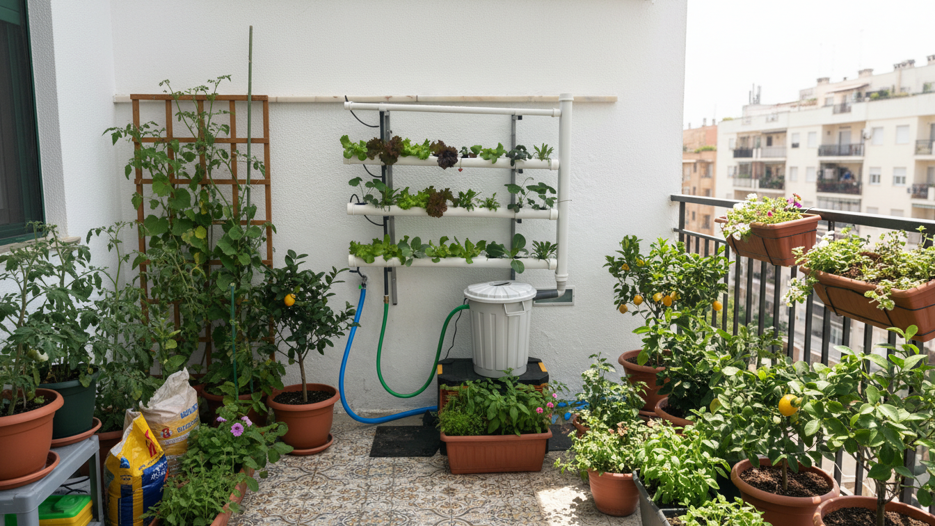 Pack Hydro 40 Vertical fijo Varanda com plantas em vasos, sistema de cultivo vertical branco e sacos de substrato