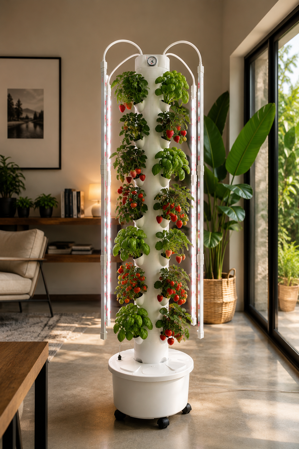 Torre de Hidroponía con LED para 40 Plantas Torre de cultivo hidropónico con plantas y luces LED en sala moderna