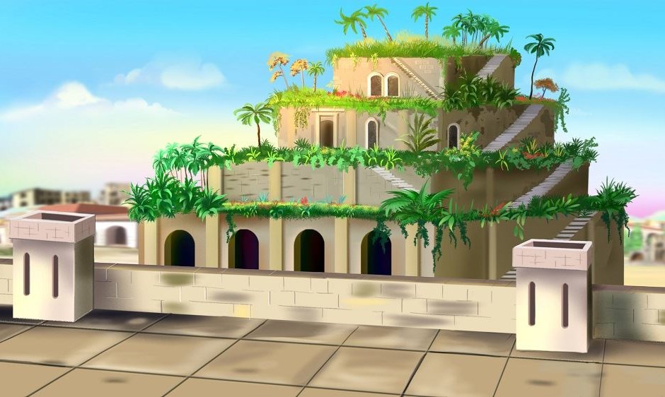 Estrutura de pedra tipo pirâmide com plantas verdes e árvores num terraço com azulejos