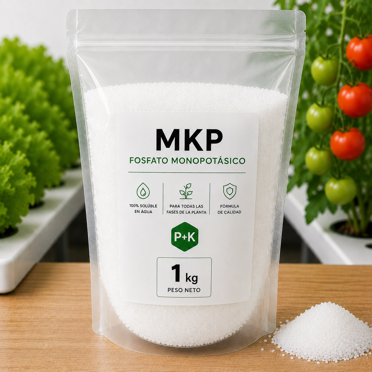 MKP Fosfato Monopotásico 1kg Bolsa de plástico transparente con MKP Fosfato Monopotasico, 1 kg, sobre mesa de madera con plantas de lechuga y tomates al fondo