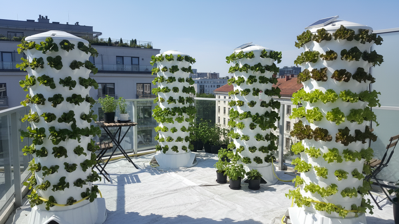 Torre Aeroponía - 120 plantas Torres verticales blancas con plantas verdes creciendo al aire libre en un balcón urbano