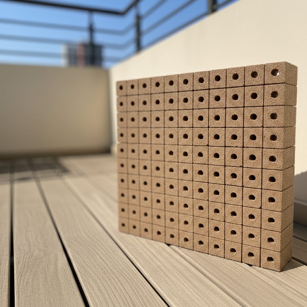Pack Hydro 70 Vertical Móvil – Kit Hidroponía Vertical 70 Plantas Panel cuadriculado marrón con agujeros sobre suelo de tablones de madera en área exterior