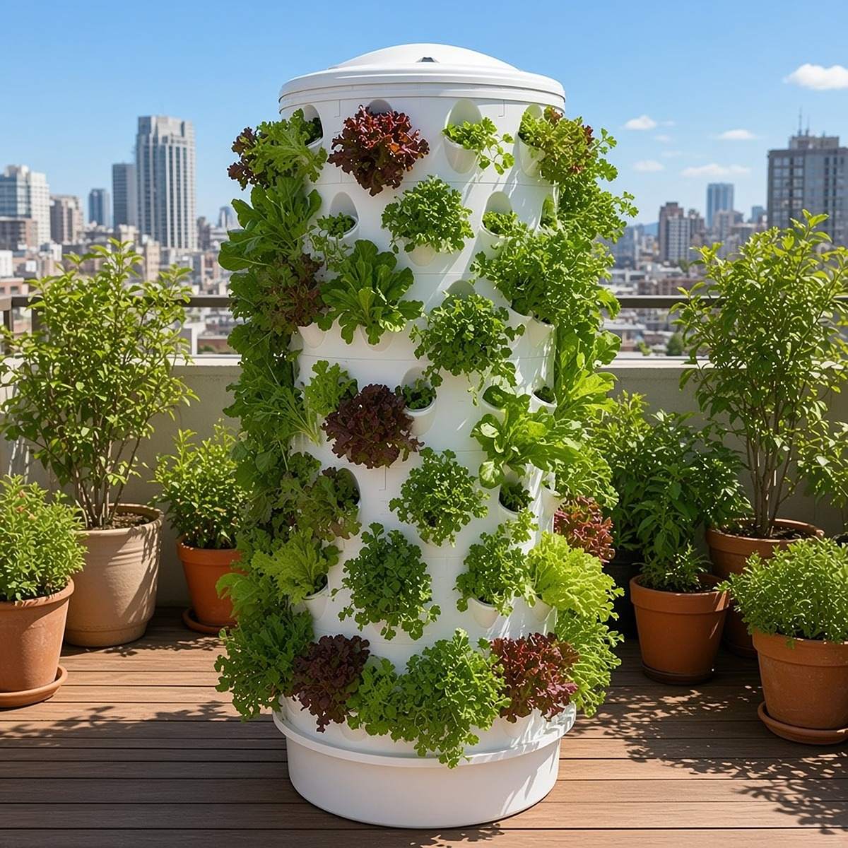 Torre Hidroponía Vertical - 120 plantas Torre de cultivo vertical branca com plantas verdes e vermelhas em varanda urbana.