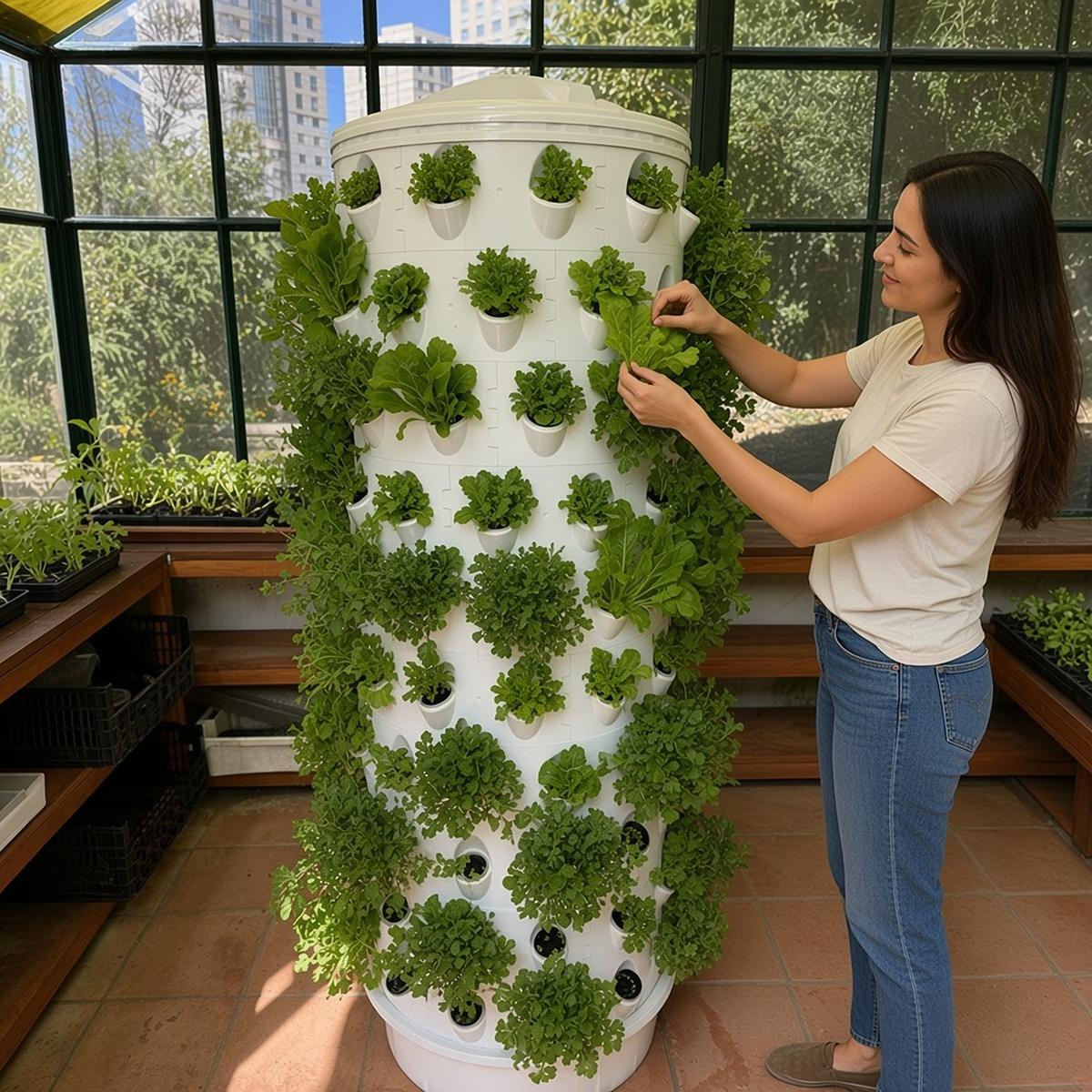 Torre Hidroponía Vertical - 120 plantas Torre hidropónica branca com plantas verdes e mulher a cuidar numa estufa