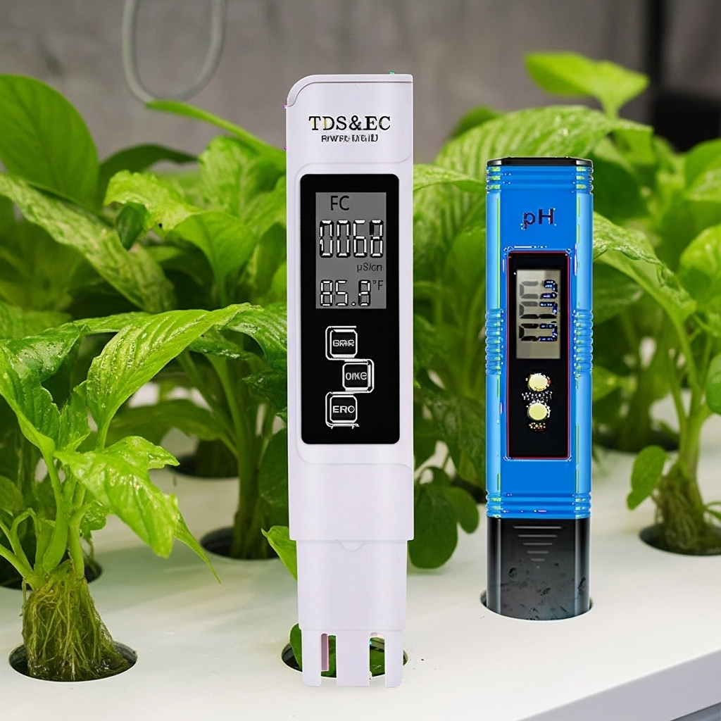 Pack Hydro 40 Vertical fijo Dos medidores digitales para hidropónico, uno blanco que mide TDS&EC y otro azul que mide pH, con plantas verdes al fondo