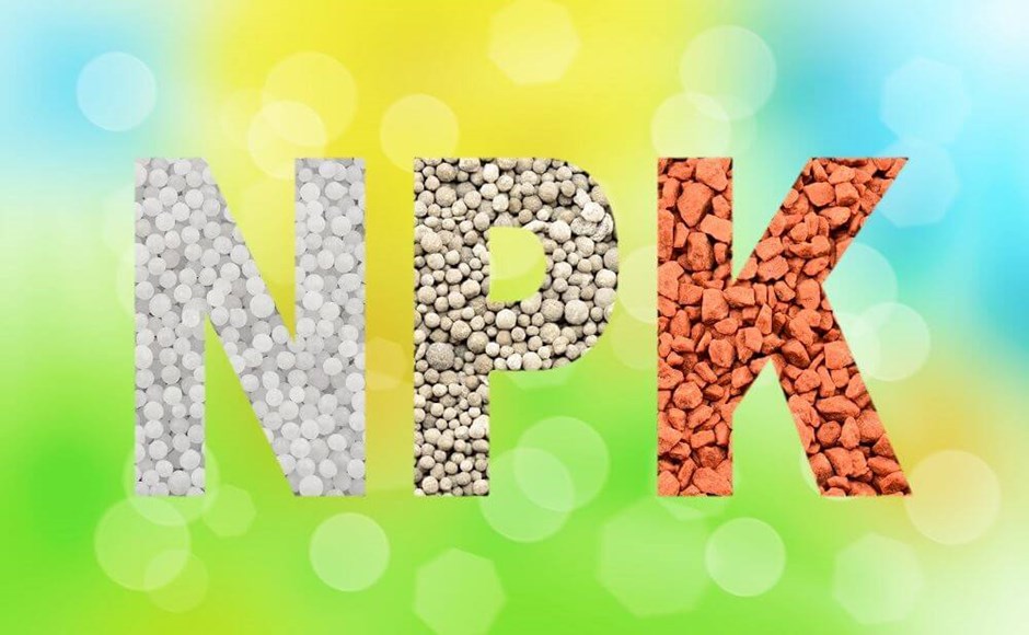 Letras N, P, K formadas por pellets coloridos sobre fundo desfocado colorido.