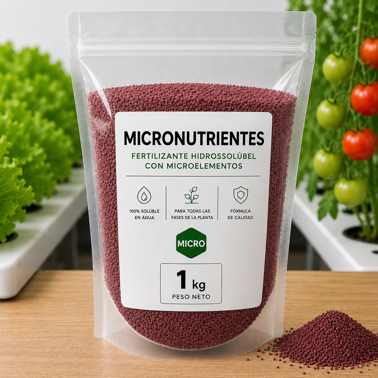 Micronutrientes Quelatados 1kg Bolsa de micropellets rojizos de fertilizante hidrosoluble etiquetada sobre mesa con plantas de fondo