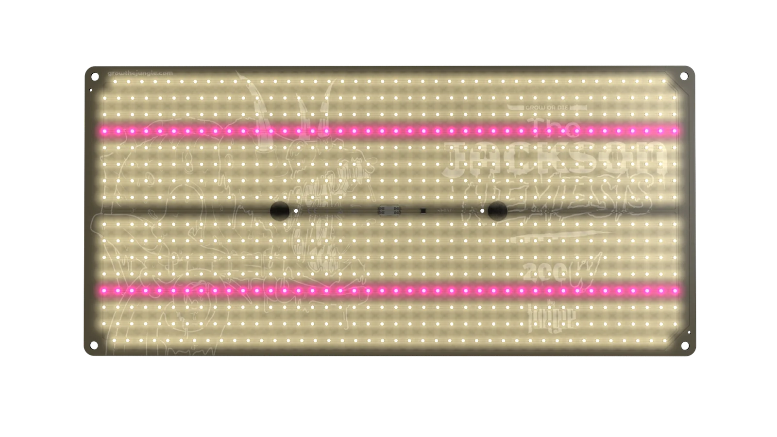 The Jackson Nemesis 200 W Panel rectangular con LEDs blancos y líneas rosas con texto visible sobre fondo negro