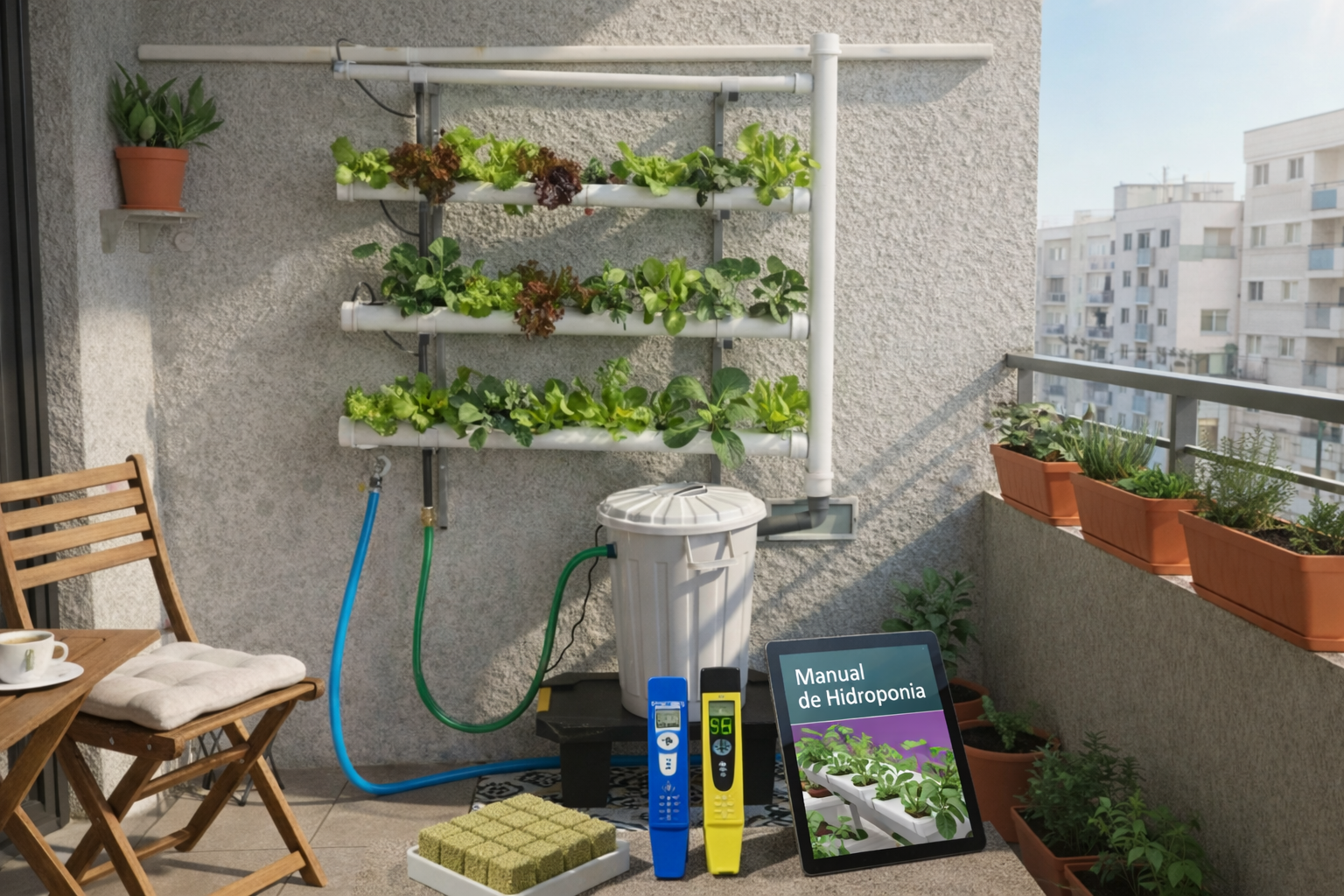 Pack Hydro 40 Vertical fijo Sistema hidropónico vertical con plantas verdes, medidores digitales y manual en tableta en balcón urbano