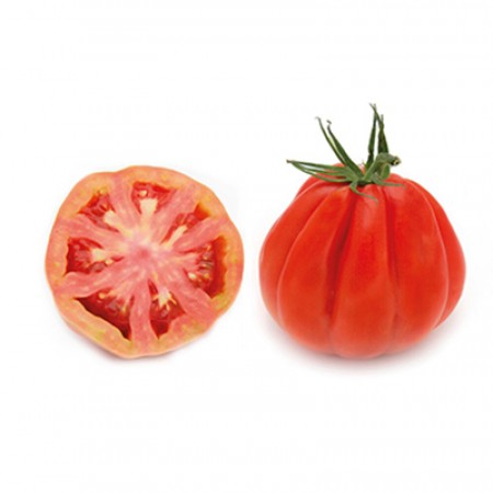 Tomate Corazón de Buey ARALDINO Tomate vermelho inteiro e tomate cortado ao meio com caule verde