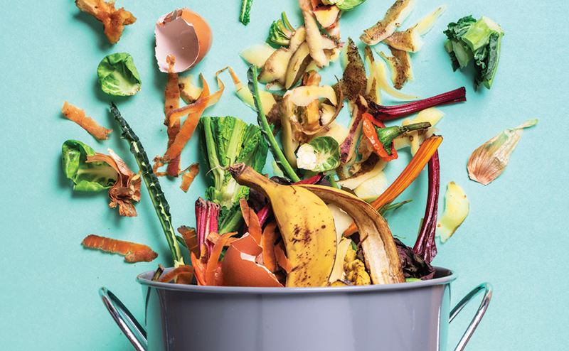 Balde cinzento com restos de comida e desperdícios variados