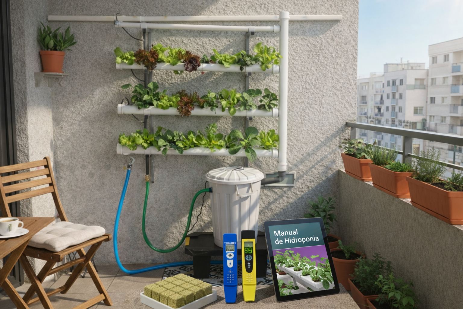 Pack Hydro 40 Vertical Fijo – Kit Hidroponía Vertical 40 Plantas Sistema hidropónico con plantas verdes en tuberías y tablet con texto Manual de Hidroponía en un balcón con macetas y silla de madera.
