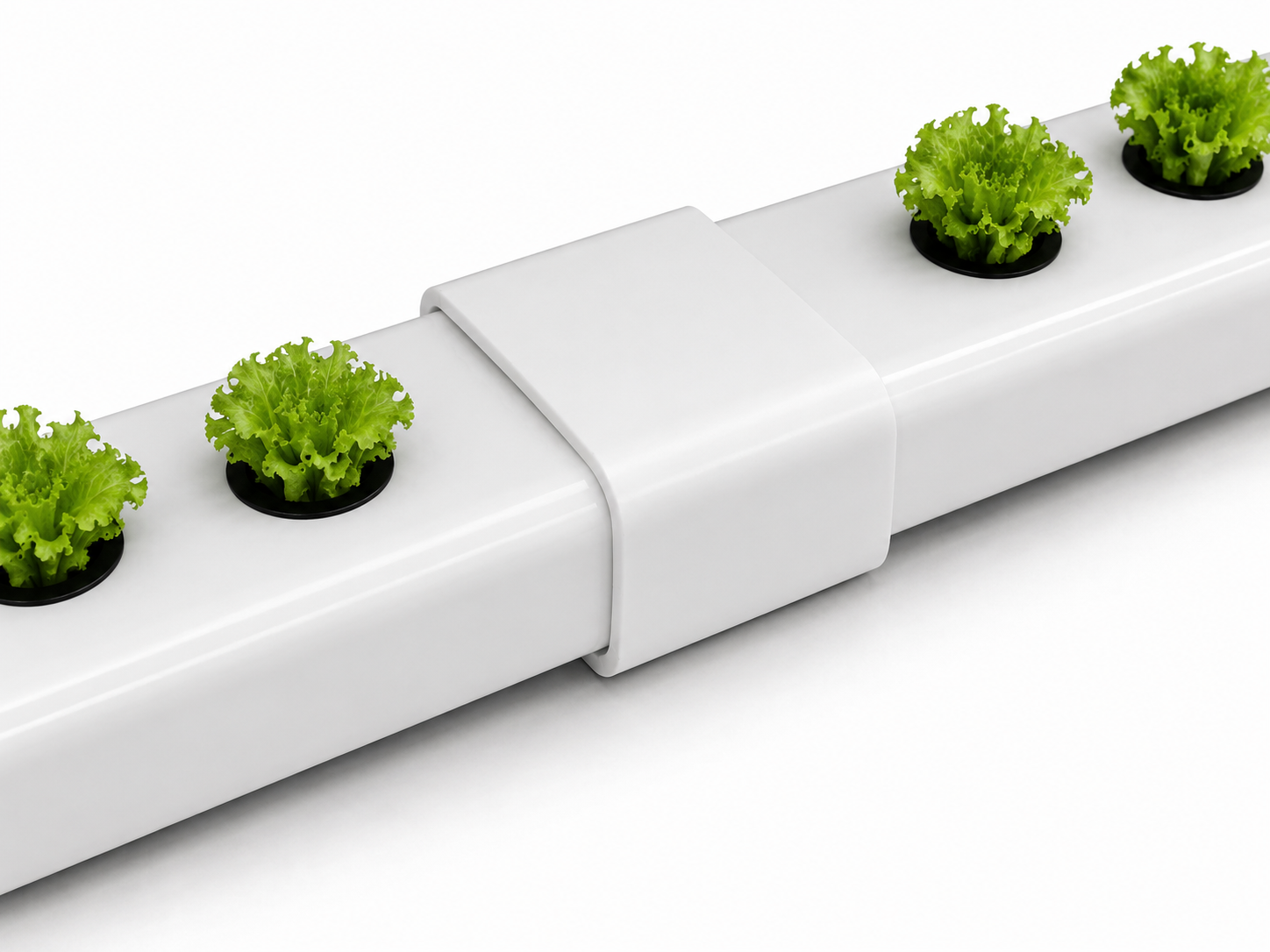 Unión para Perfil de Semillero Hidropónico 49mm Sistema hidropónico blanco con lechugas verdes y unión modular sobre fondo blanco