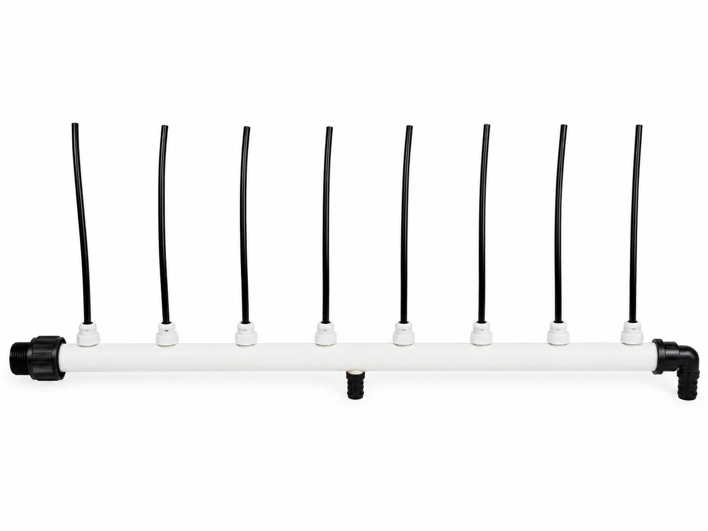 Tubo Inyector Hidropónico Usado — 8 Microtubos Distribuidor de tuberías de riego con siete salidas negras y tubo blanco