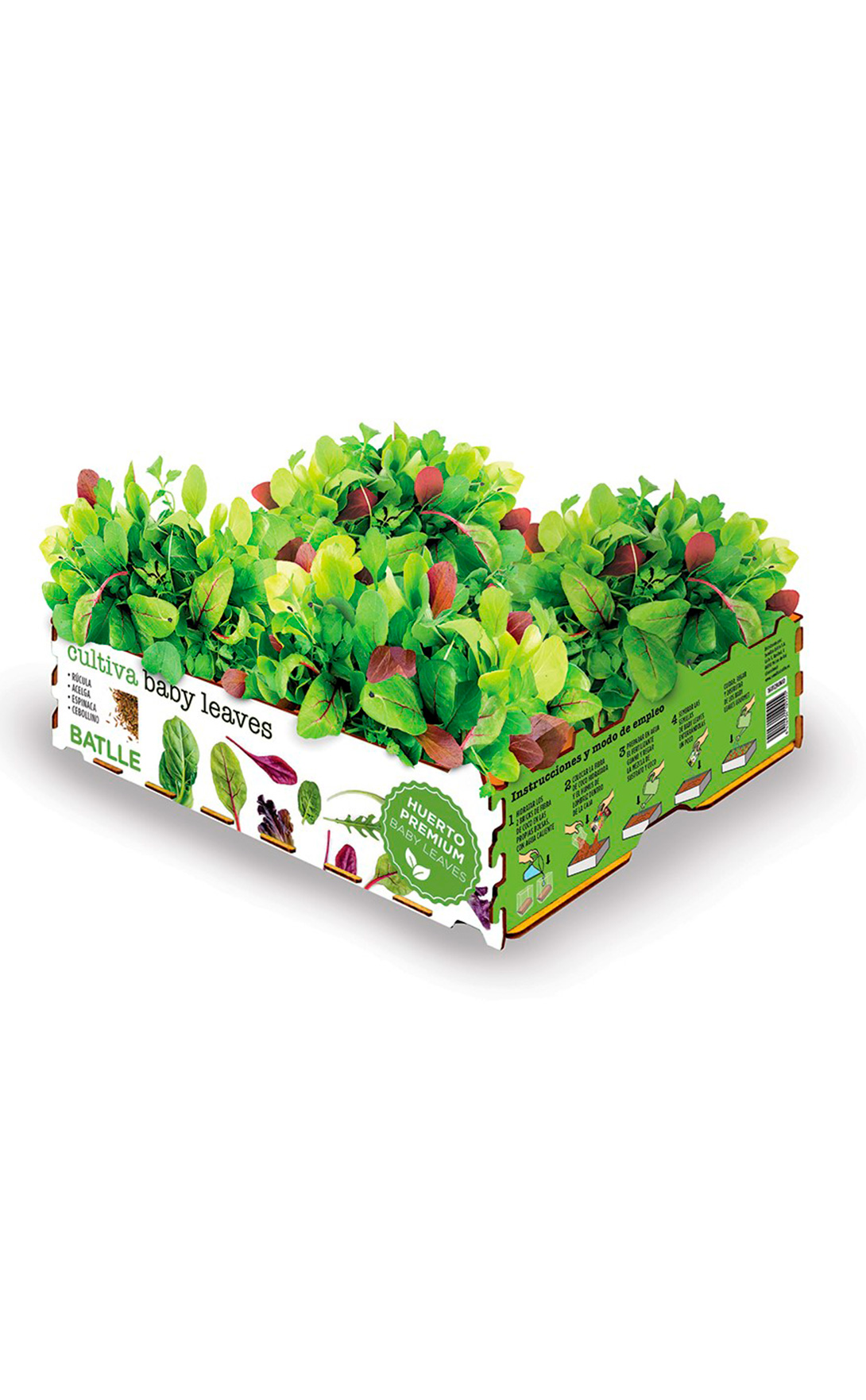 Huerta Premium Mix Baby Leaves Embalagem de plantas baby leaves verdes com tons vermelhos, em caixa de cartão verde e branco com texto e desenhos de vegetais.
