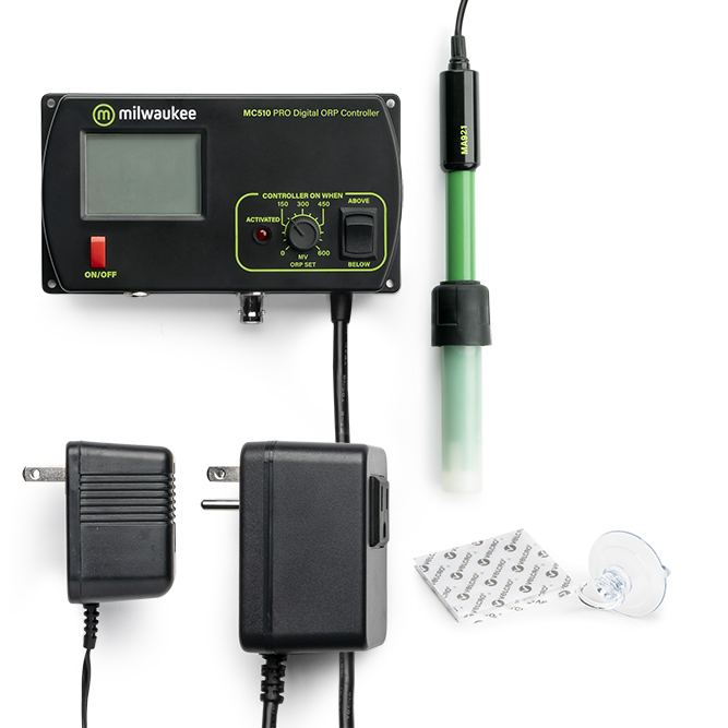 Controlador Digital Redox ORP Controlador digital milwaukee MCS910 PRO com display, sonda verde, adaptadores e ventosa