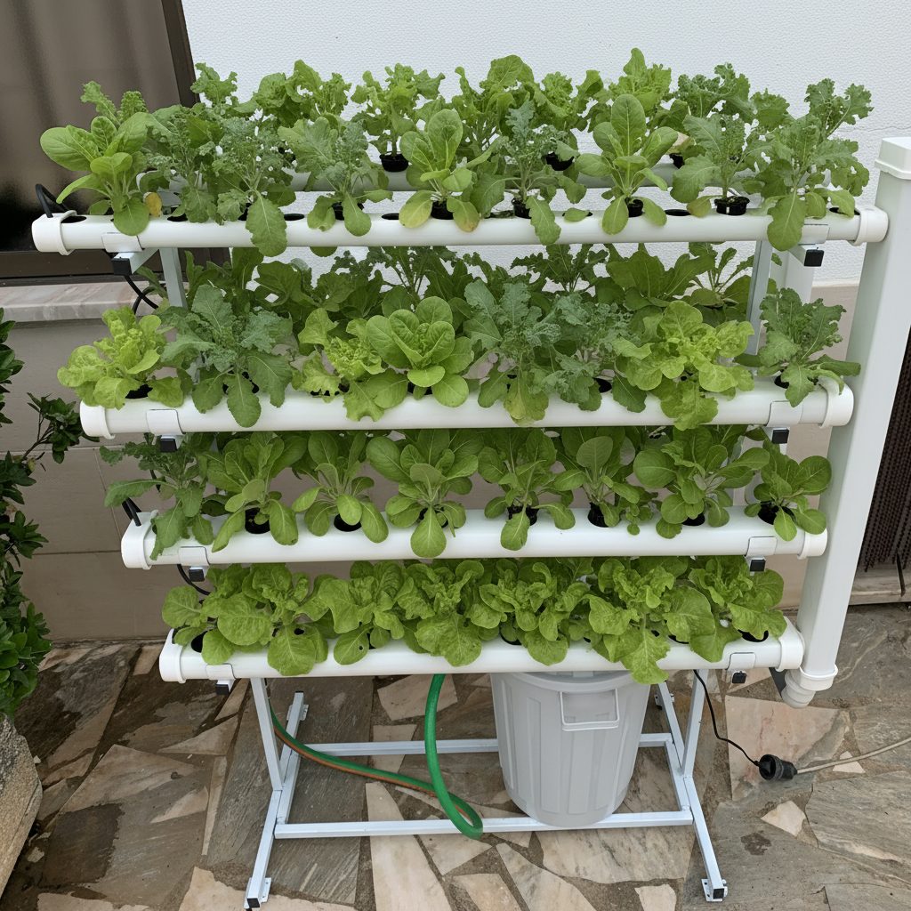 Pack Hydro 70 Vertical Móvil – Kit Hidroponía Vertical 70 Plantas Sistema hidropónico con tuberías blancas y plantas verdes en soporte metálico blanco.