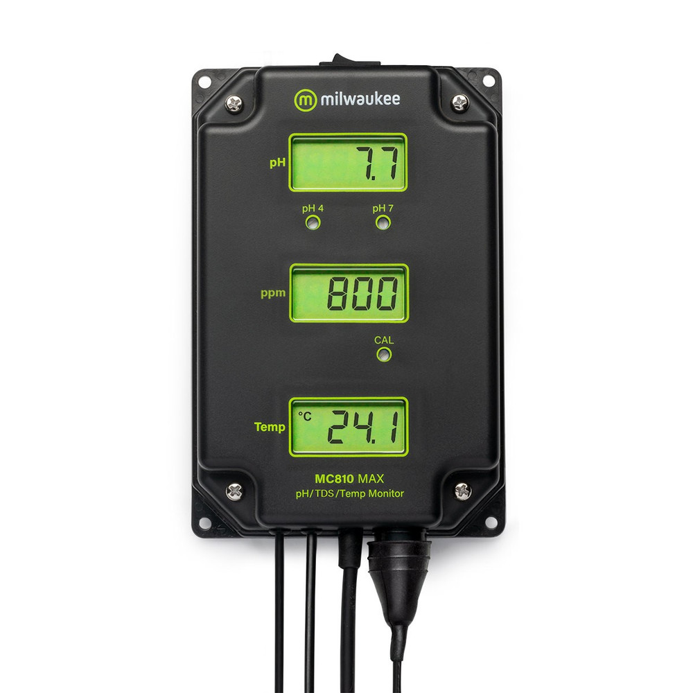 Medidor Continuo PH / TDS / Temperatura MC810 MAX Aparelho digital de medição pH TDS temperatura Milwaukee preto com ecrãs verdes.
