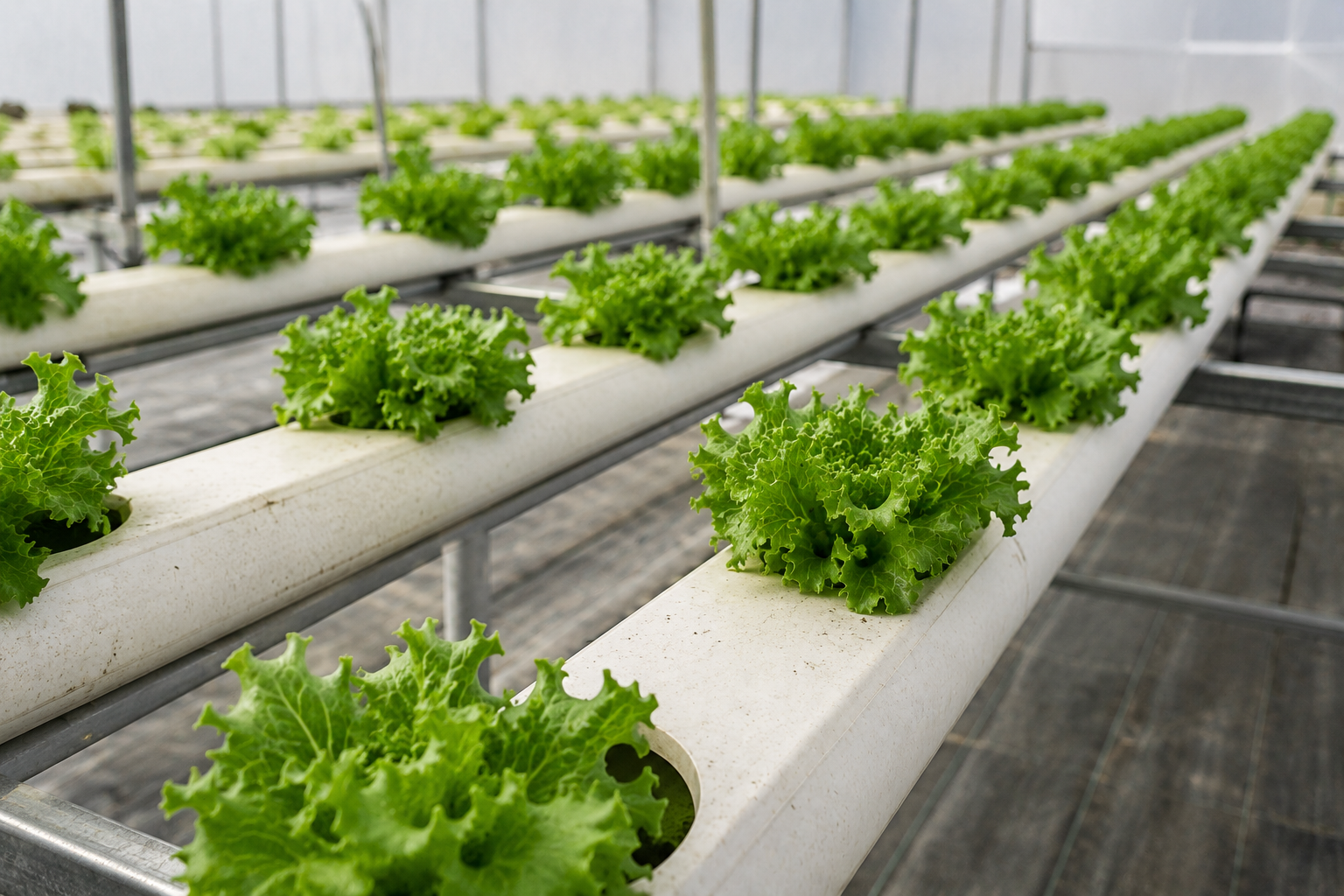 Perfil Hidropónico 80mm Usado — 2 Metros | 16 Plantas Lechugas verdes en sistema hidropónico dentro de un invernadero