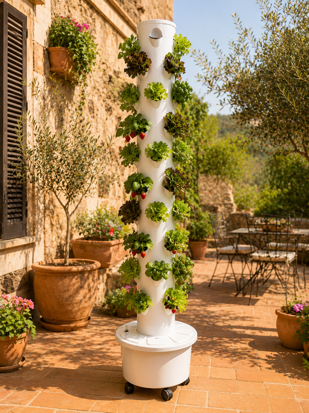 Torre de Hidroponía para 40 Plantas Torre de cultivo vertical blanca con plantas y fresas en patio soleado con muebles y macetas
