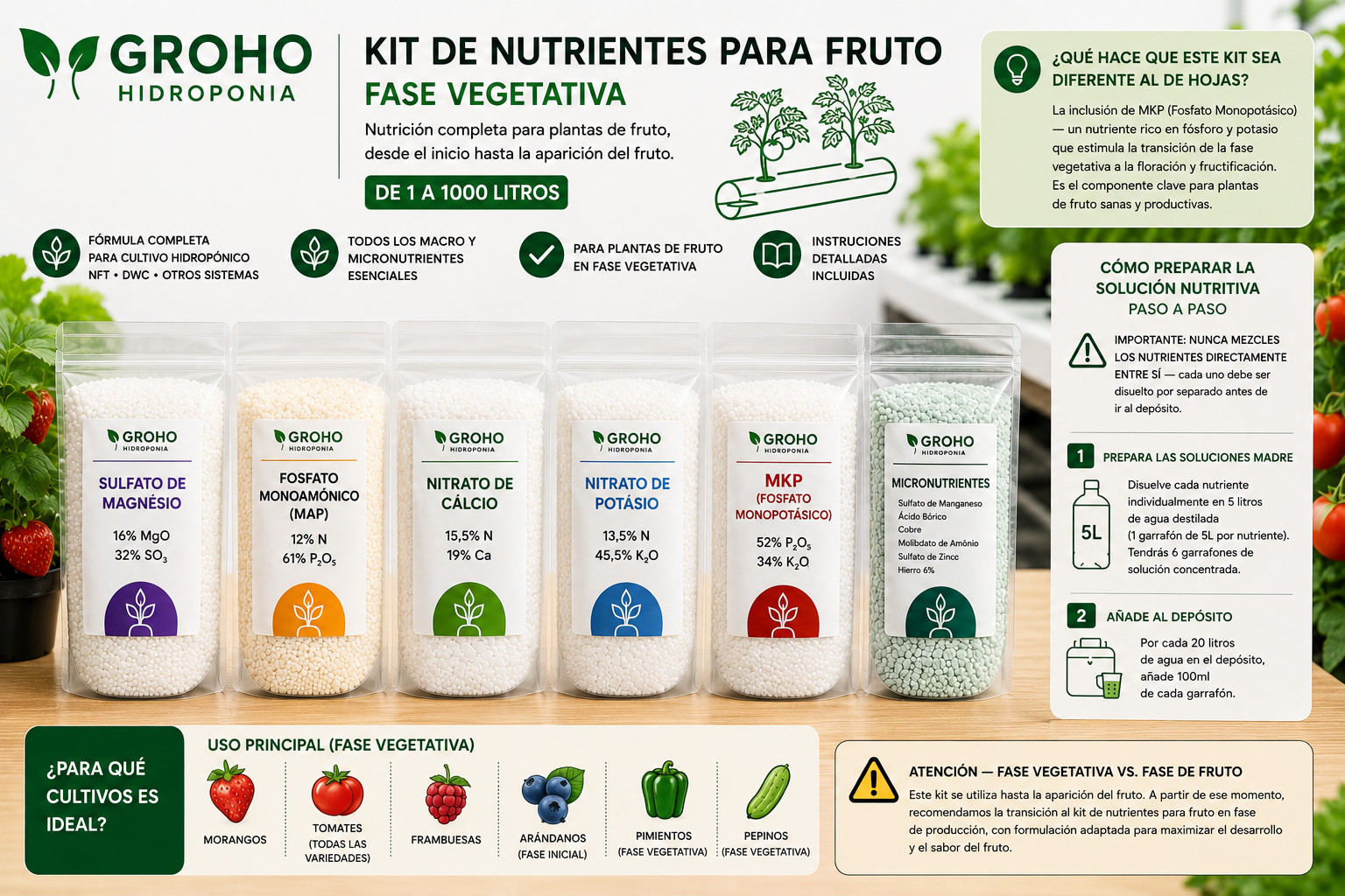 Kit de Nutrientes para Fruto — Fase Vegetativa | 1 a 1000L Kit de nutrientes para fase vegetativa con seis químicos en bolsas etiquetadas y texto explicativo en fondo con plantas.