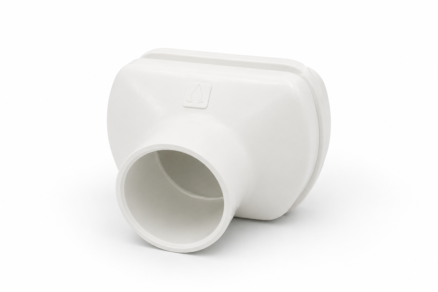 Tope con Descarga Ø40mm para Perfil Hidropónico 80mm Codo o adaptador de tubería de plástico blanco con símbolo de gota de agua