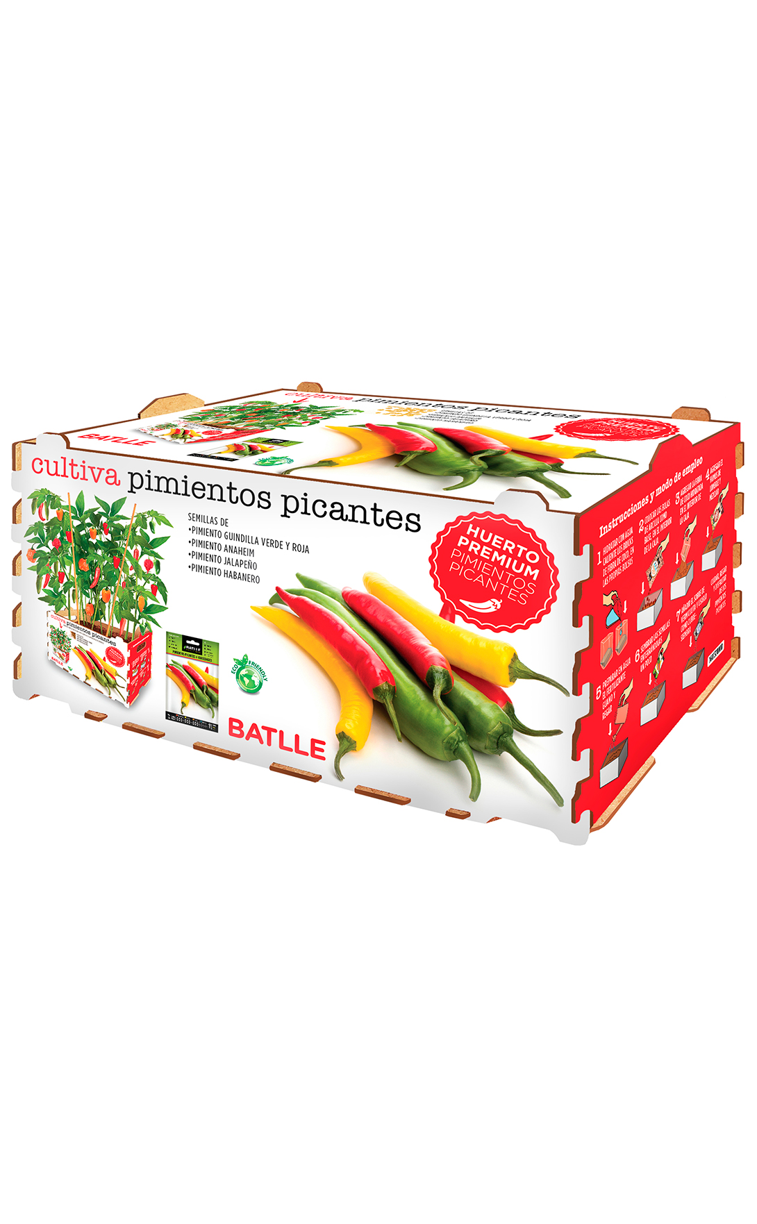 Huerta Premium Mix Pimientos Picantes Caixa para cultivo de pimentos picantes com ilustrações coloridas e texto em espanhol.
