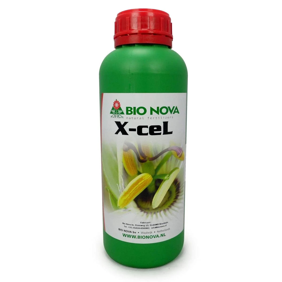 Hydro X-Cel Booster - 1 Litro Frasco verde com tampa vermelha e etiqueta branca com texto e imagem de planta